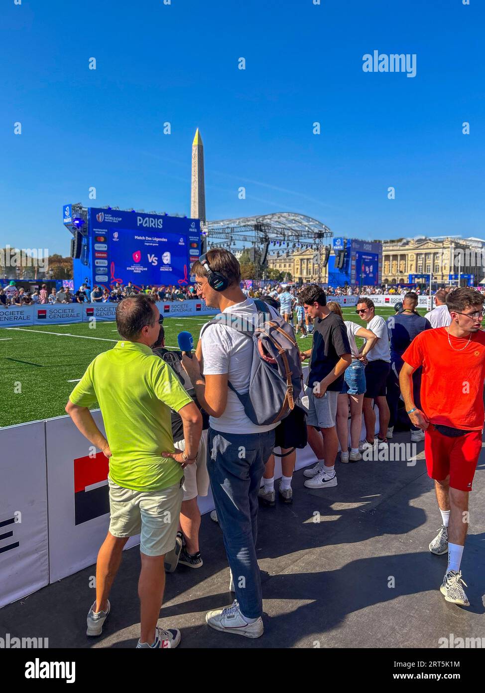 Paris, France, Sept. 10, 2023, Crowd People at World Rugby Championship, Fan Zone, Journalist Interviewing fan, (Place de la Concorde) Stock Photo