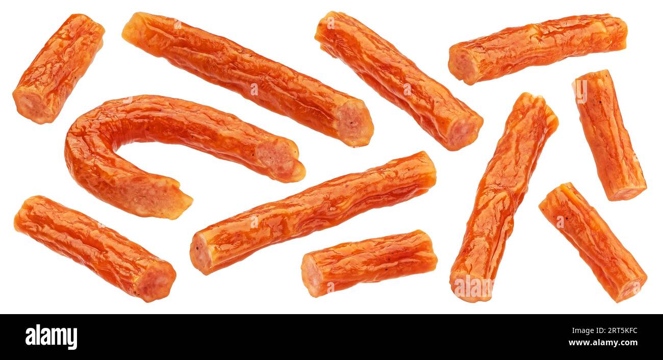 Chopped Kabanos. Long and thin smoked sausage isolated on white