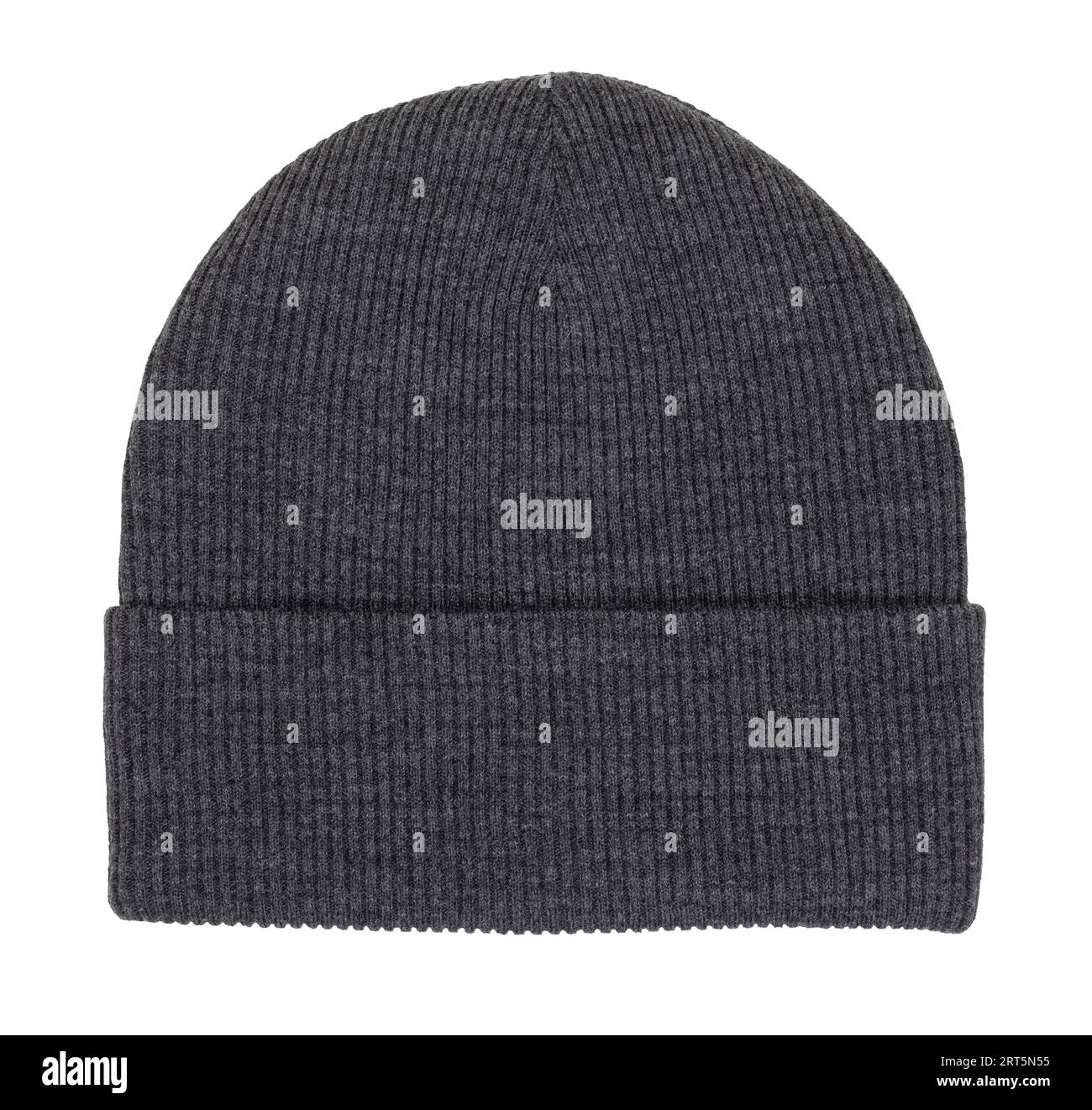 Gray knitted bobble hat flat lay isolated on white background Stock Photo