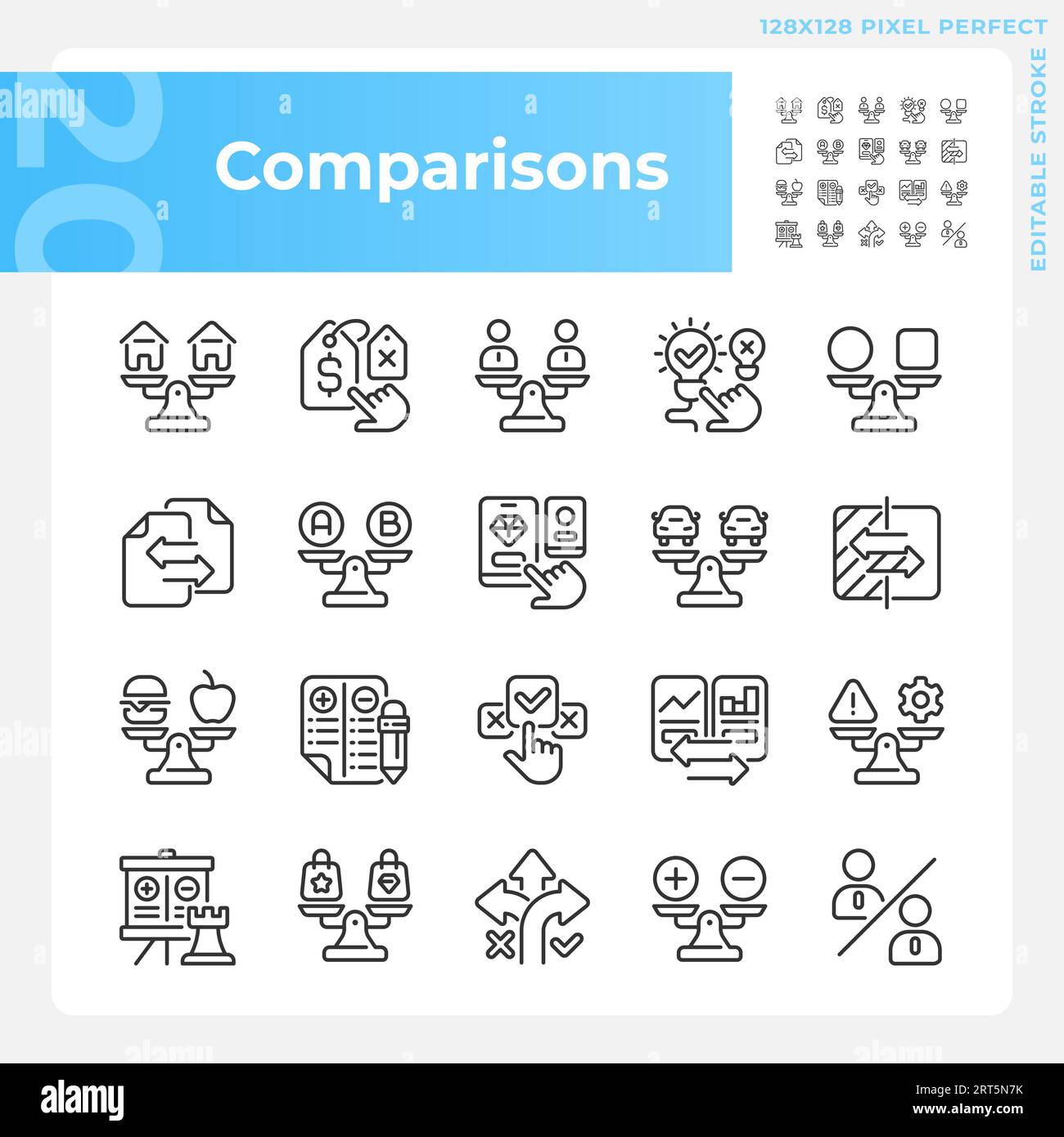 Editable black comparisons line icons set Stock Vector