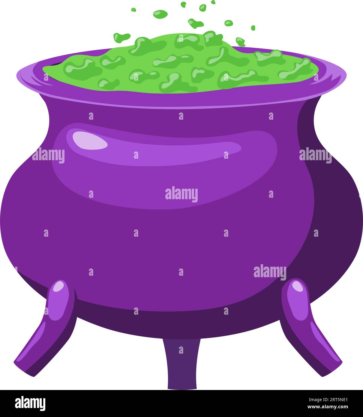 A purple cauldron with green liquid in it. Halloween design element. Isolated witch pot graphic template. Vector illustration. Stock Vector