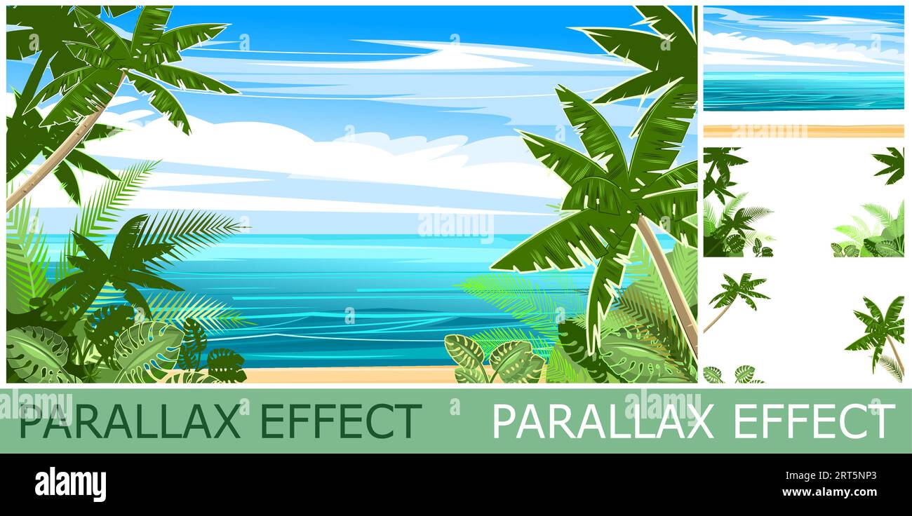 Tropical sand beach and palm trees. set of slides create parallax image layer. Cartoon style. Isolated on white background. Vector. Stock Vector