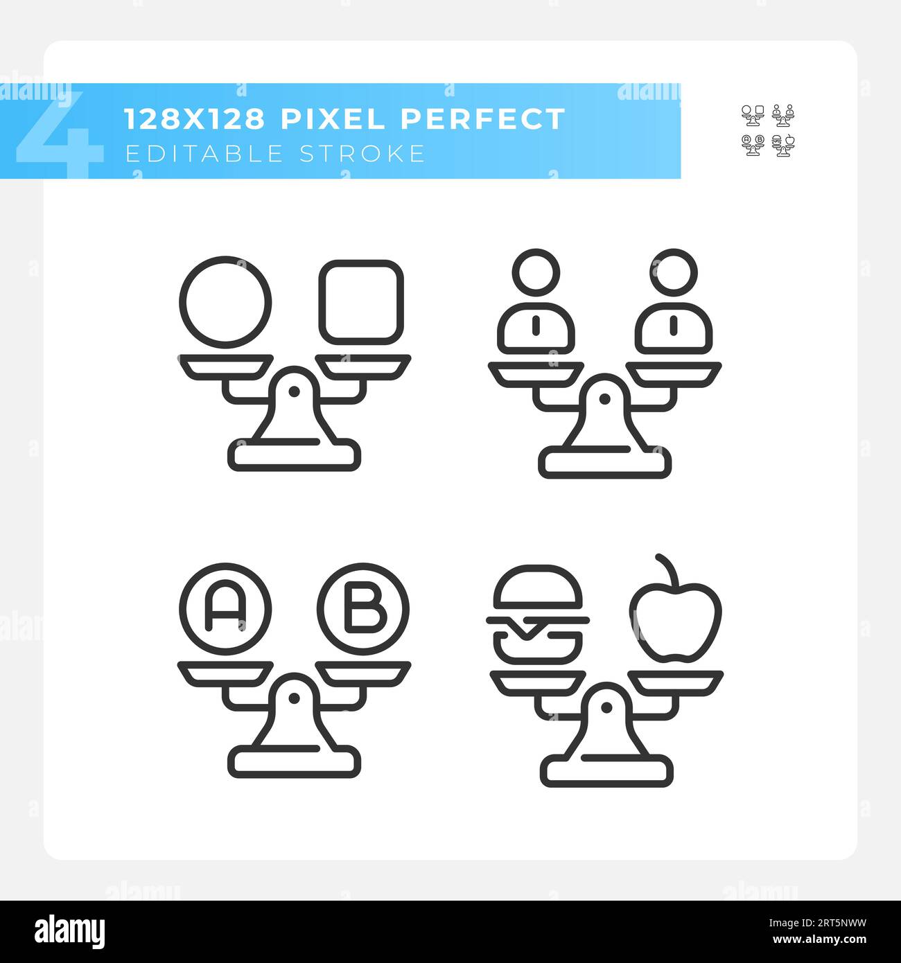 2D pixel perfect black comparisons line icons Stock Vector