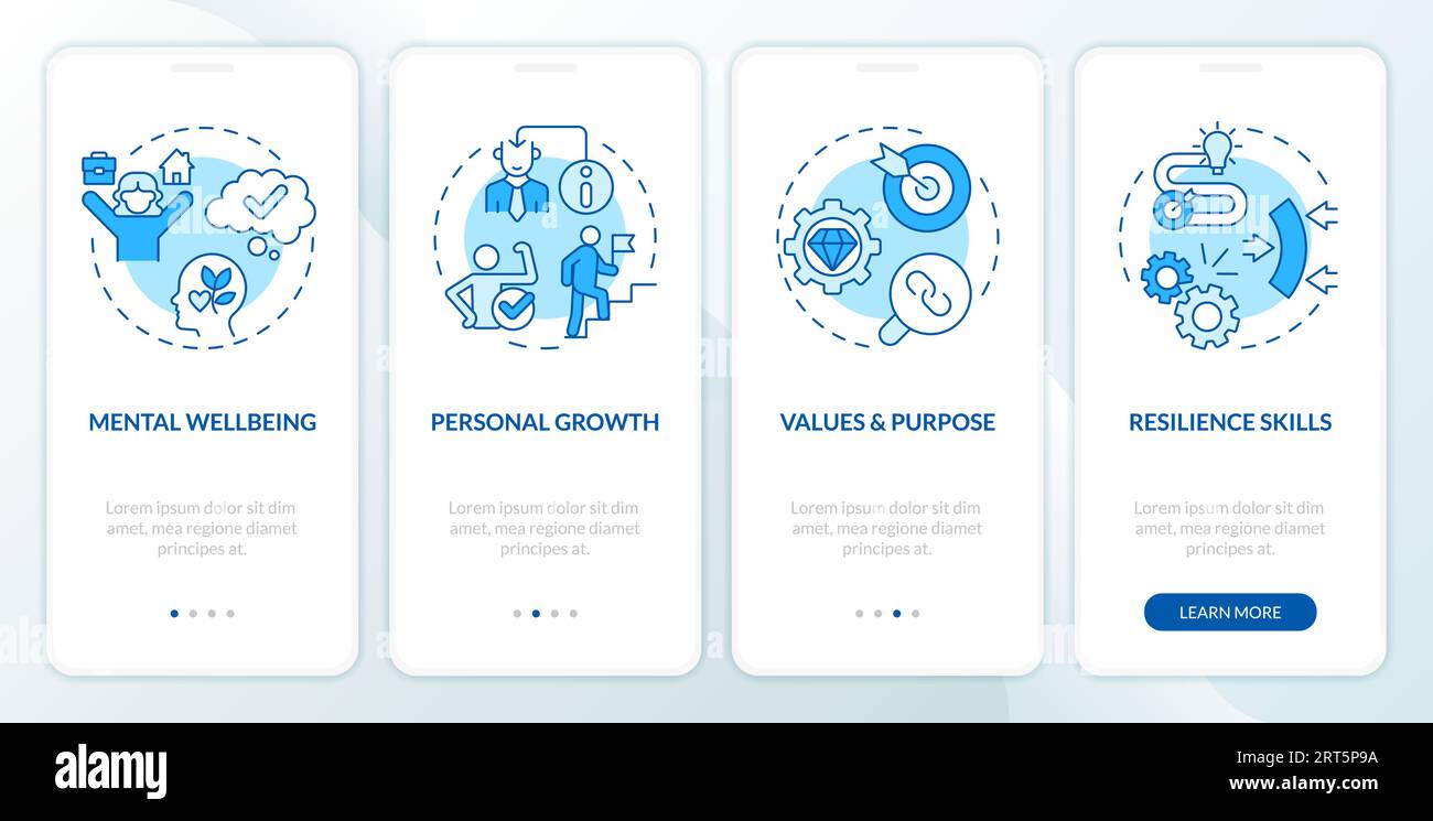 Walkthrough mindful entrepreneurship with blue linear icons Stock Vector