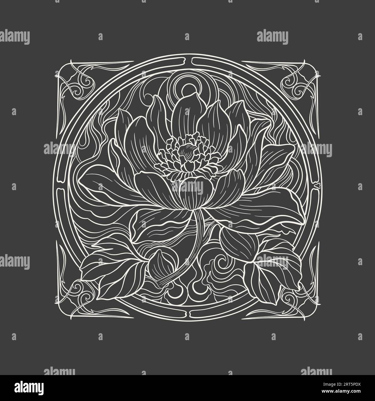 Lotus and leaf sketch with fine graceful lines. Isolated flower on background. Vintage etching botanical lotus. Stock Vector