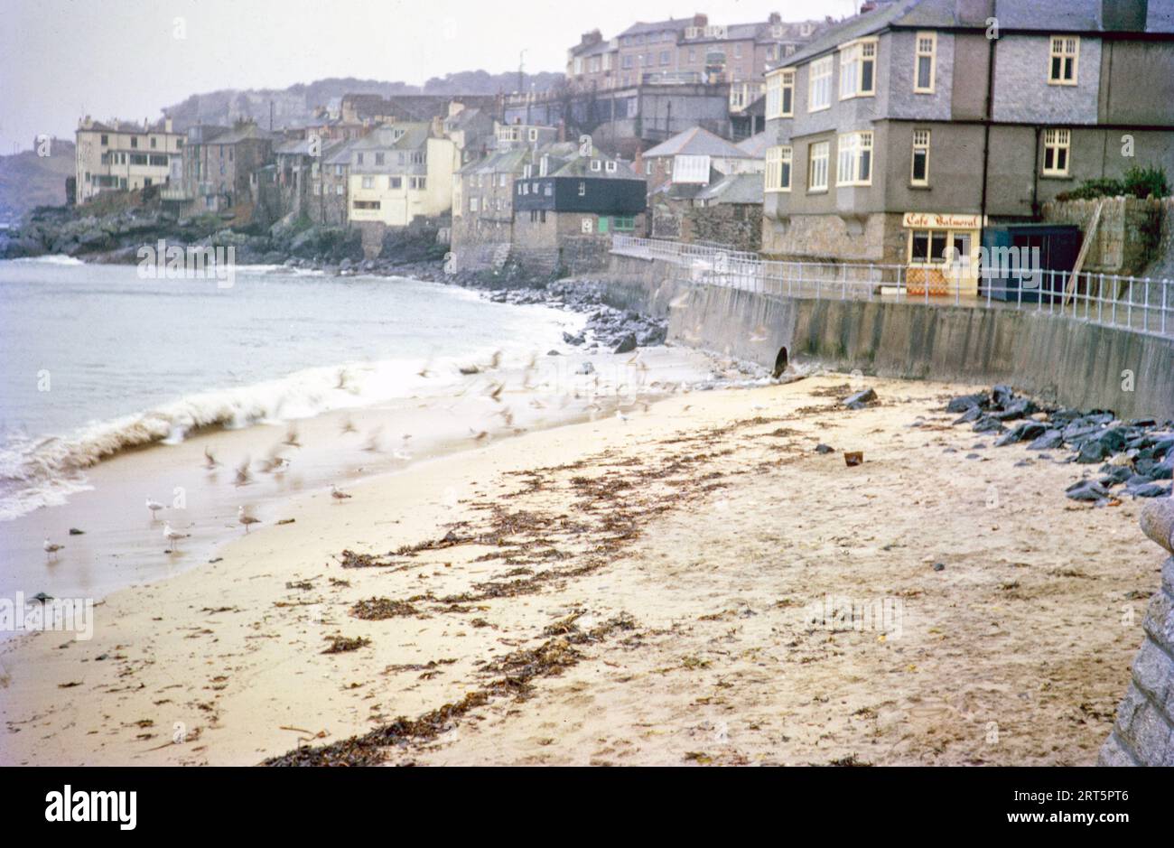 Beach seafront buildings, St Ives, Cornwall, England, UK, December 1961 Stock Photo
