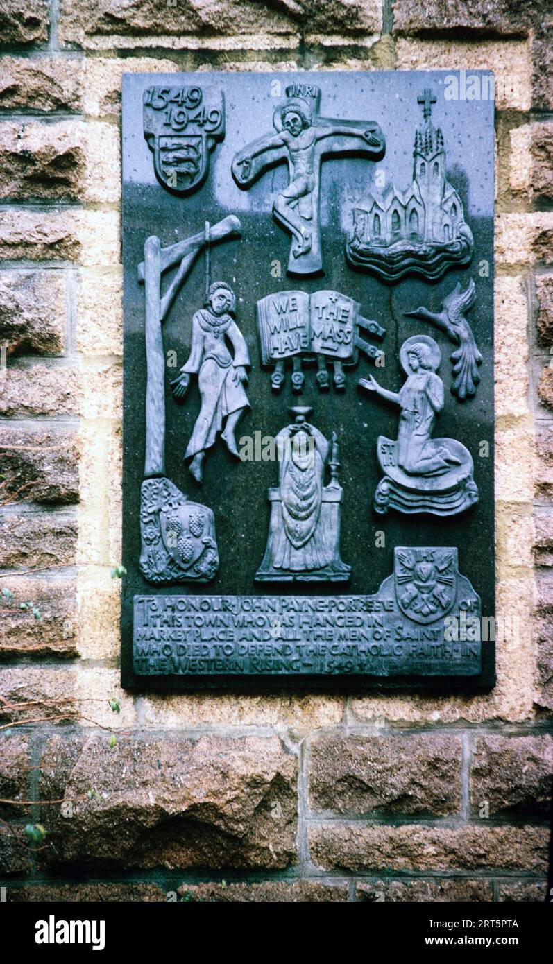 Memorial monument dated 1949 toJohn Payne hanged in the Western Rising 1549, St Ia church, St Ives, Cornwall, England, UK December 1961 Stock Photo