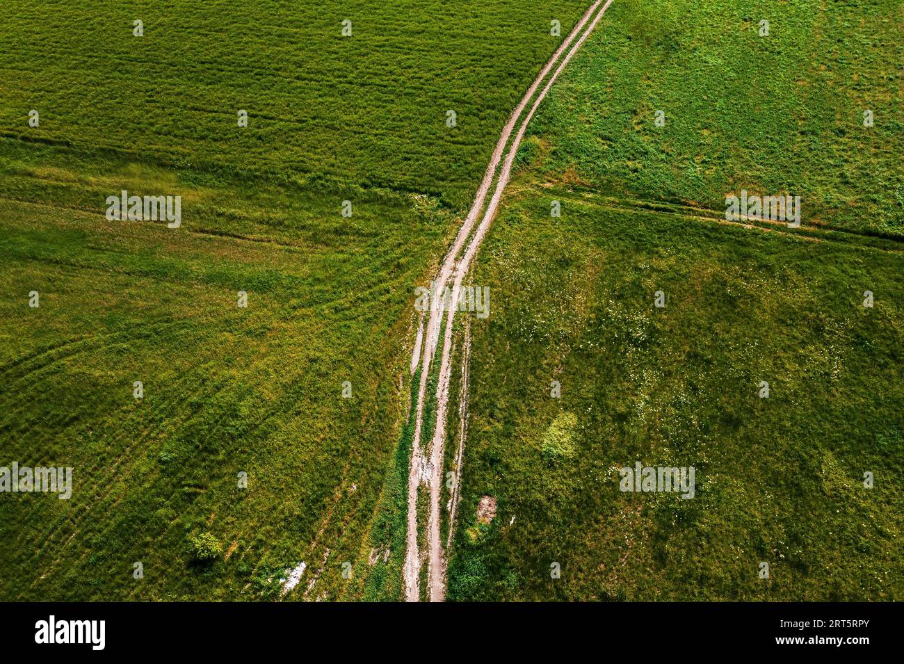 Aerial shot of curved dirt road through green grassy meadow, drone pov high angle view Stock Photo
