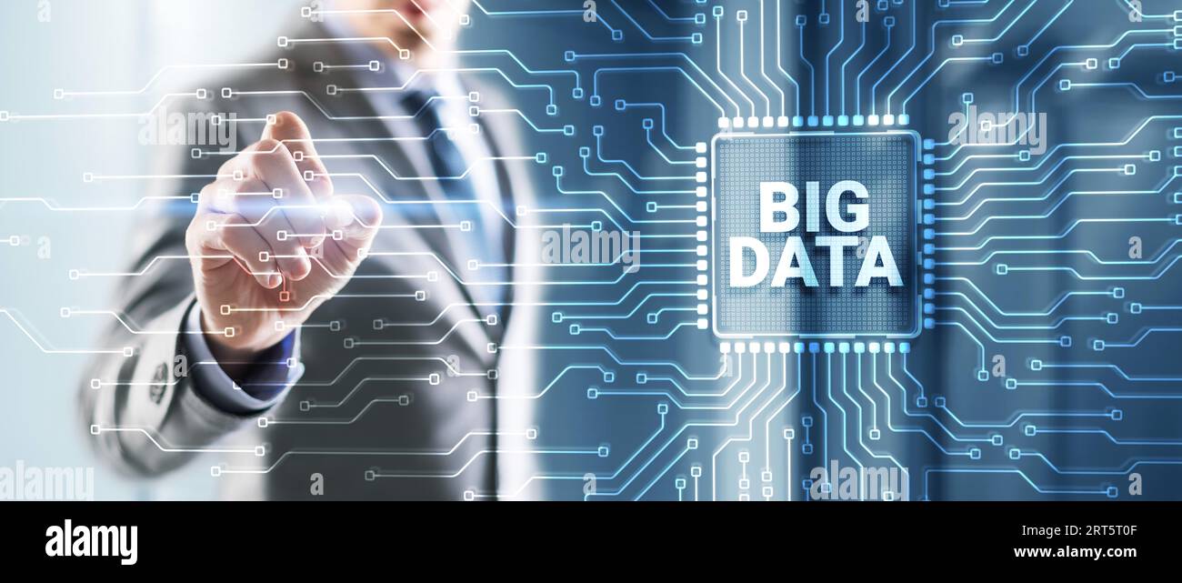 Big data on server racks background. Man clicking on a virtual screen. Stock Photo