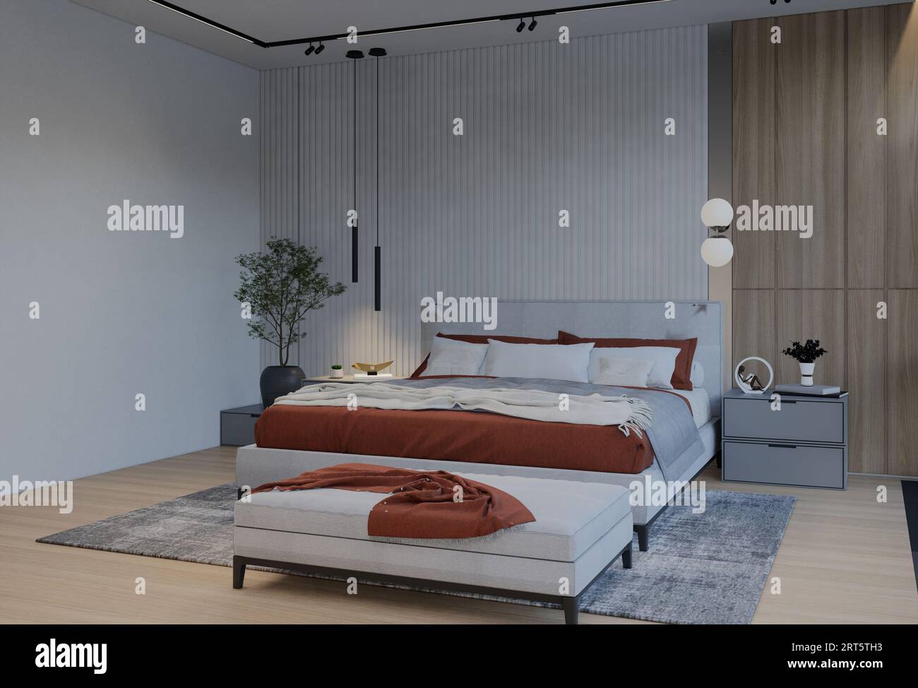 Modern Luxury Bedroom with apricot Color. 3D Illustration Render Stock