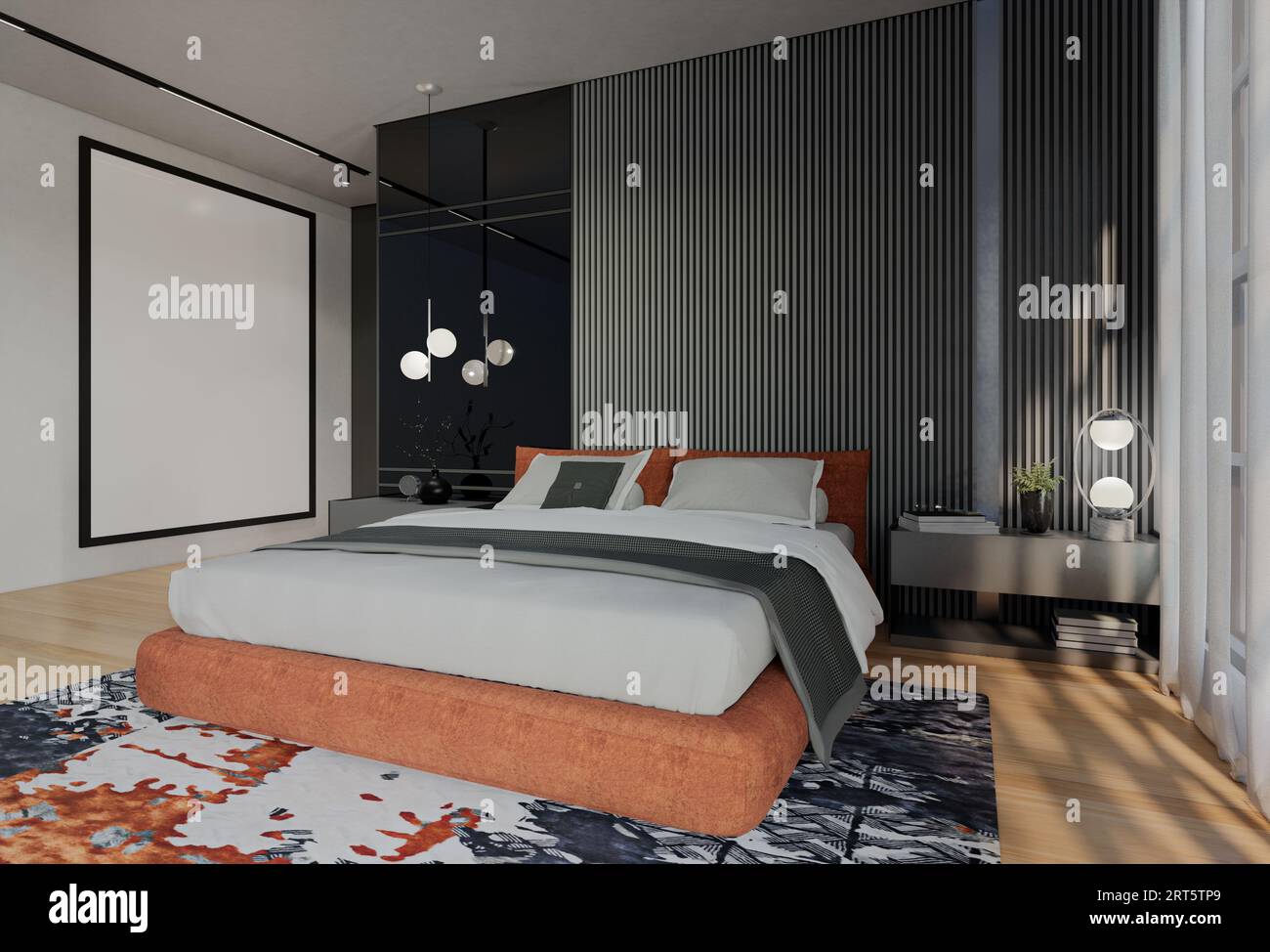 Modern Luxury Bedroom with apricot Color. 3D Illustration Render Stock
