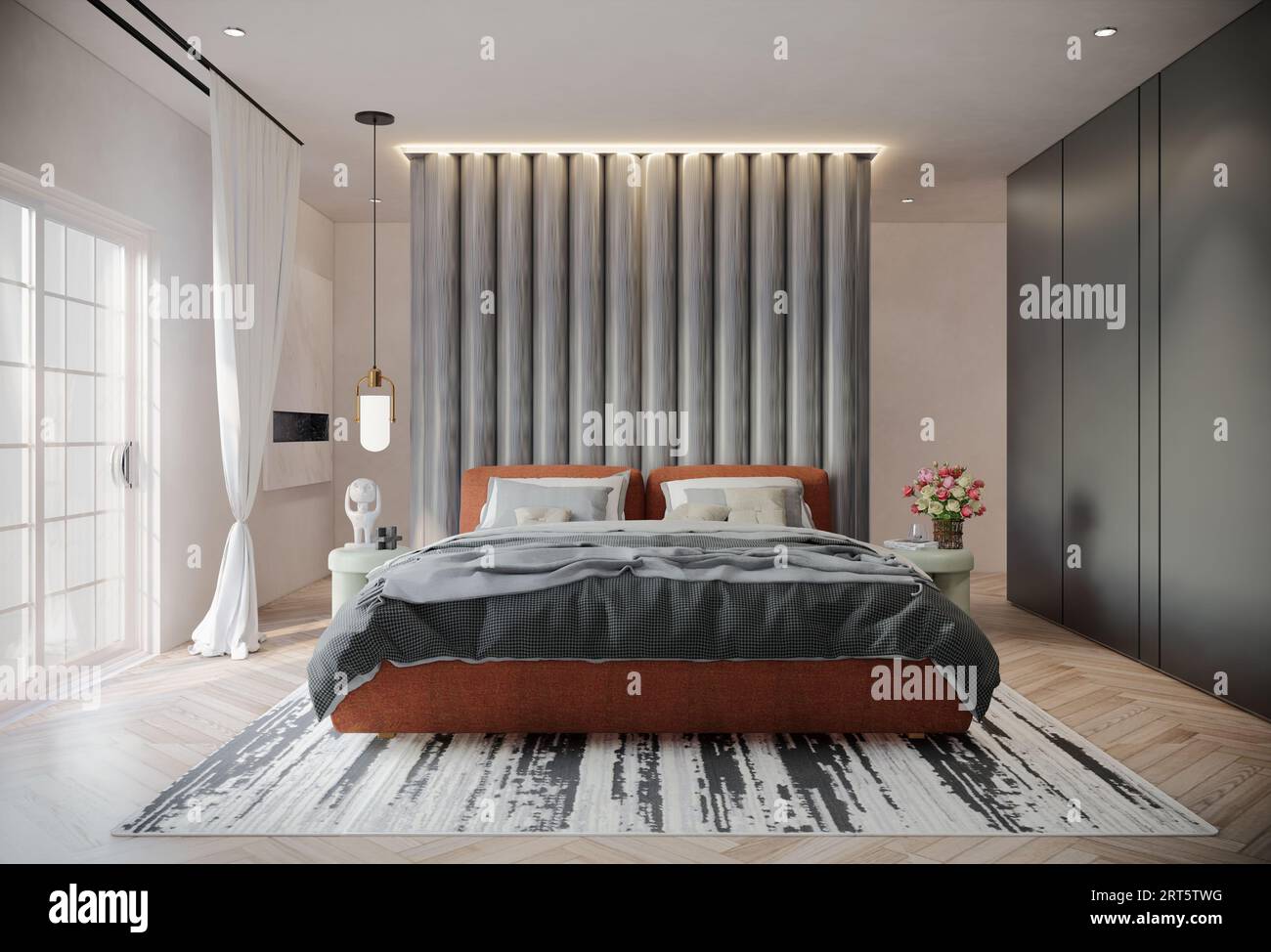 Modern Luxury Bedroom with apricot Color. 3D Illustration Render Stock