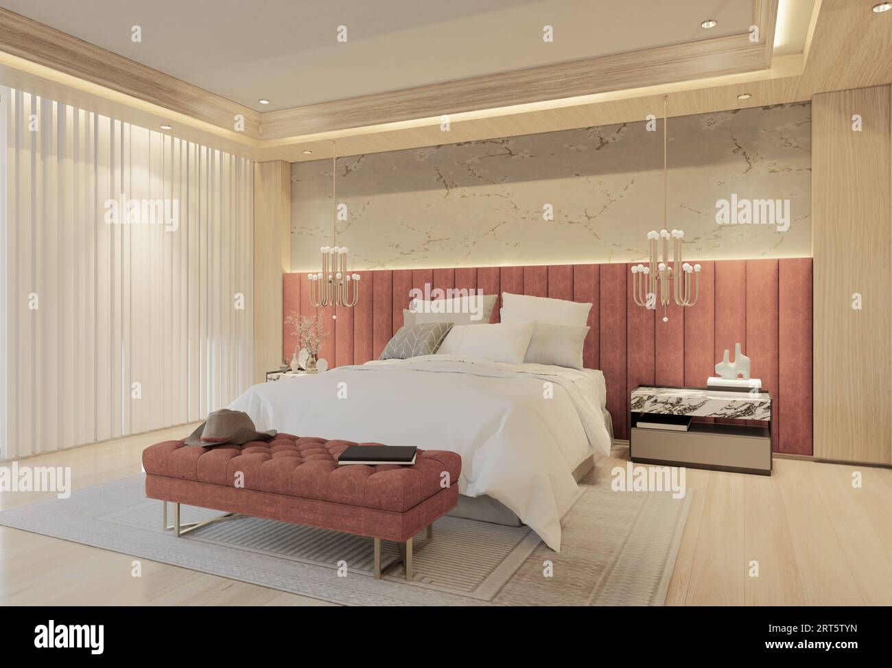Modern Luxury Bedroom with apricot Color. 3D Illustration Render Stock