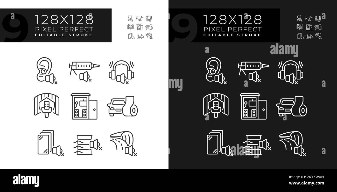 Editable light and dark soundproofing line icons Stock Vector
