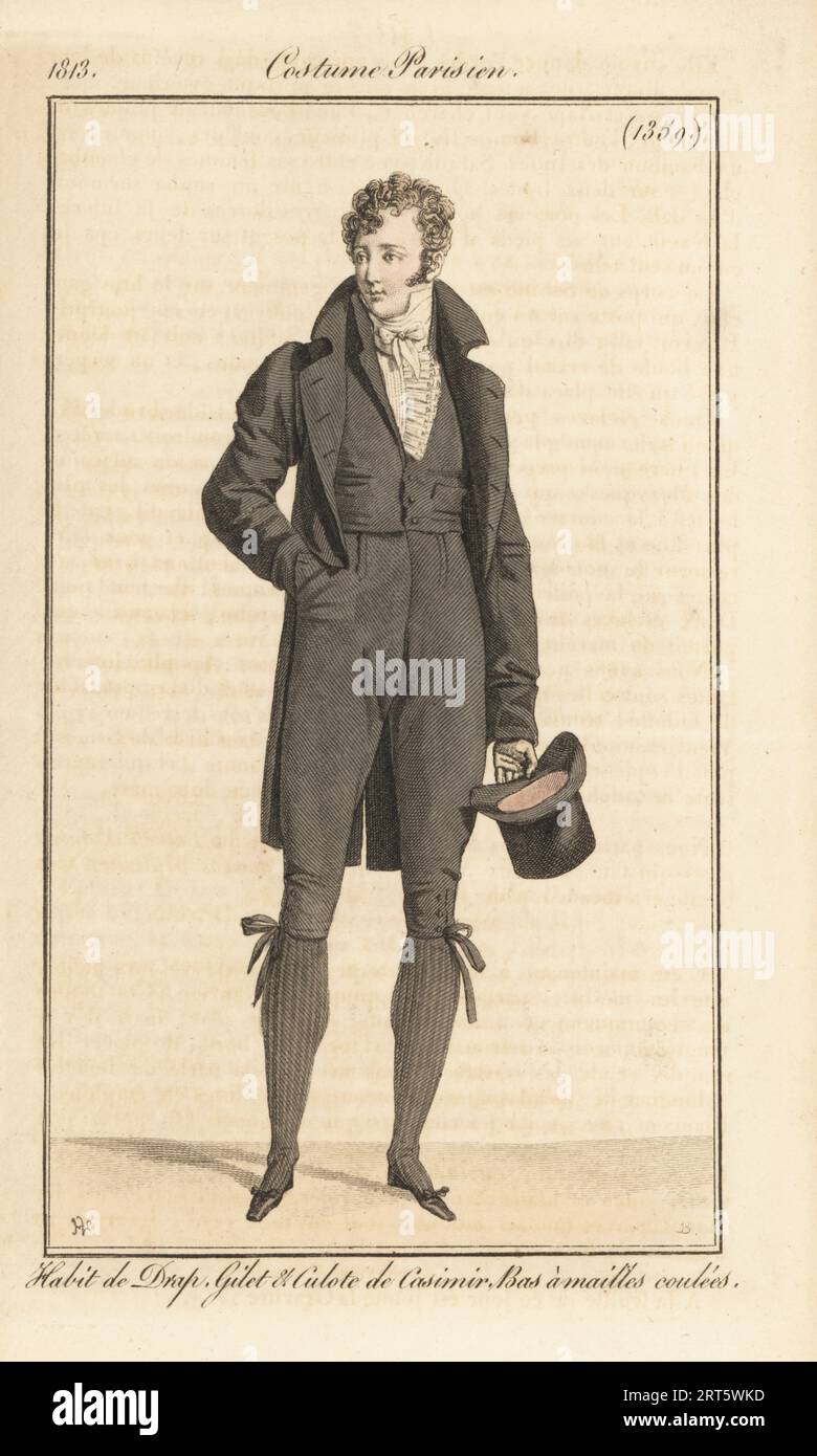 French gentleman in wool tailcoat, cashmere waistcoat and breeches, knitted stockings, holding a top hat. Habit de Drap, Gilet et Culote de Casimir, Bas a mailles coulees. Handcoloured copperplate engraving by Pierre-Charles Baquoy after a fashion plate by Horace Vernet from Pierre de la Mesangere’s Journal des Dames et des Modes, Magazine of Women and Fashion, Paris, 1813. Stock Photo