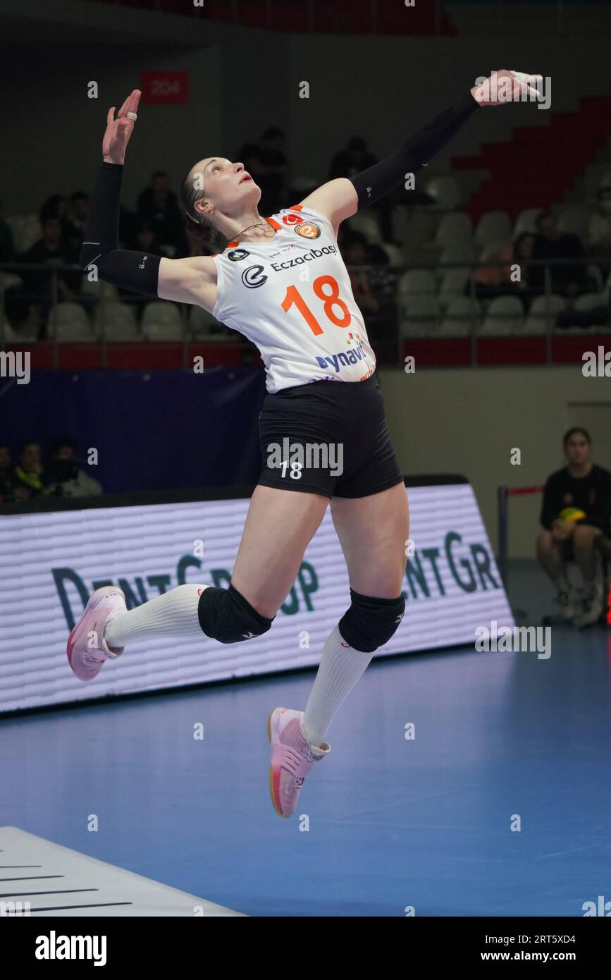 ISTANBUL, TURKIYE - JANUARY 11, 2023: Irina Voronkova serves during ...