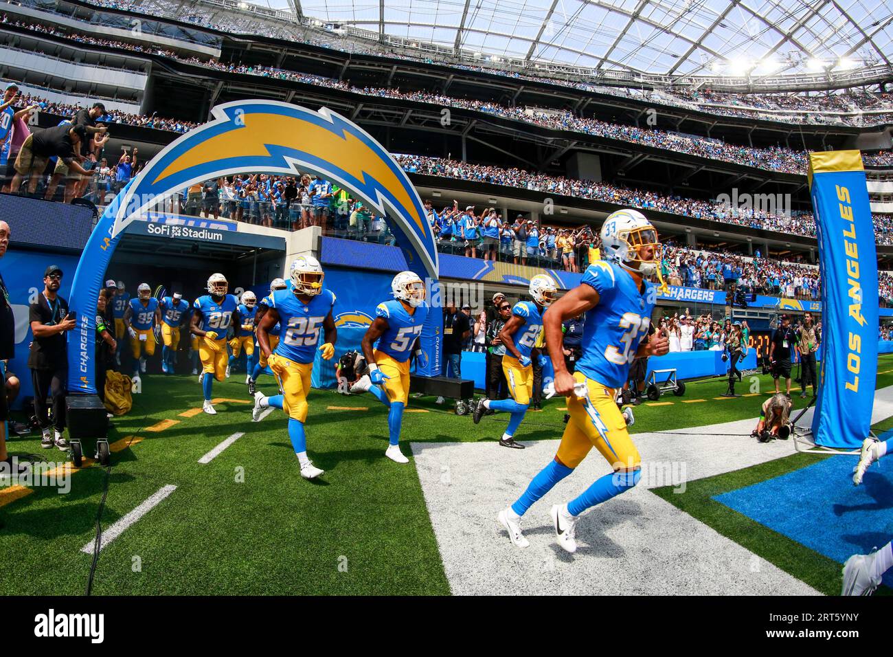 Los Angeles, United States. 10th Sep, 2023. Los Angeles Chargers players run out of the tunnel before an NFL football game between and Miami Dolphins. Miami Dolphins 36:34 Los Angeles Chargers Credit: SOPA Images Limited/Alamy Live News Stock Photo