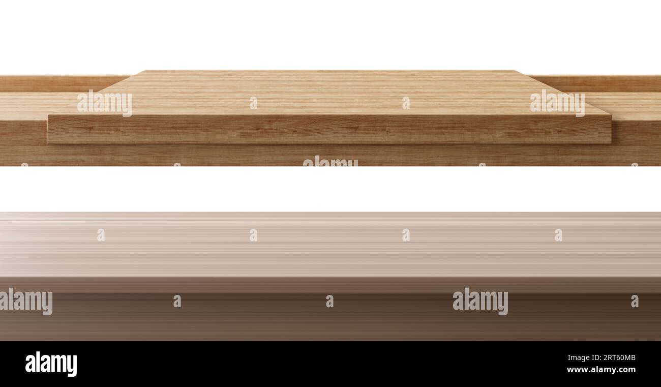 Two wooden table, desk surfaces isolated on white background. Front