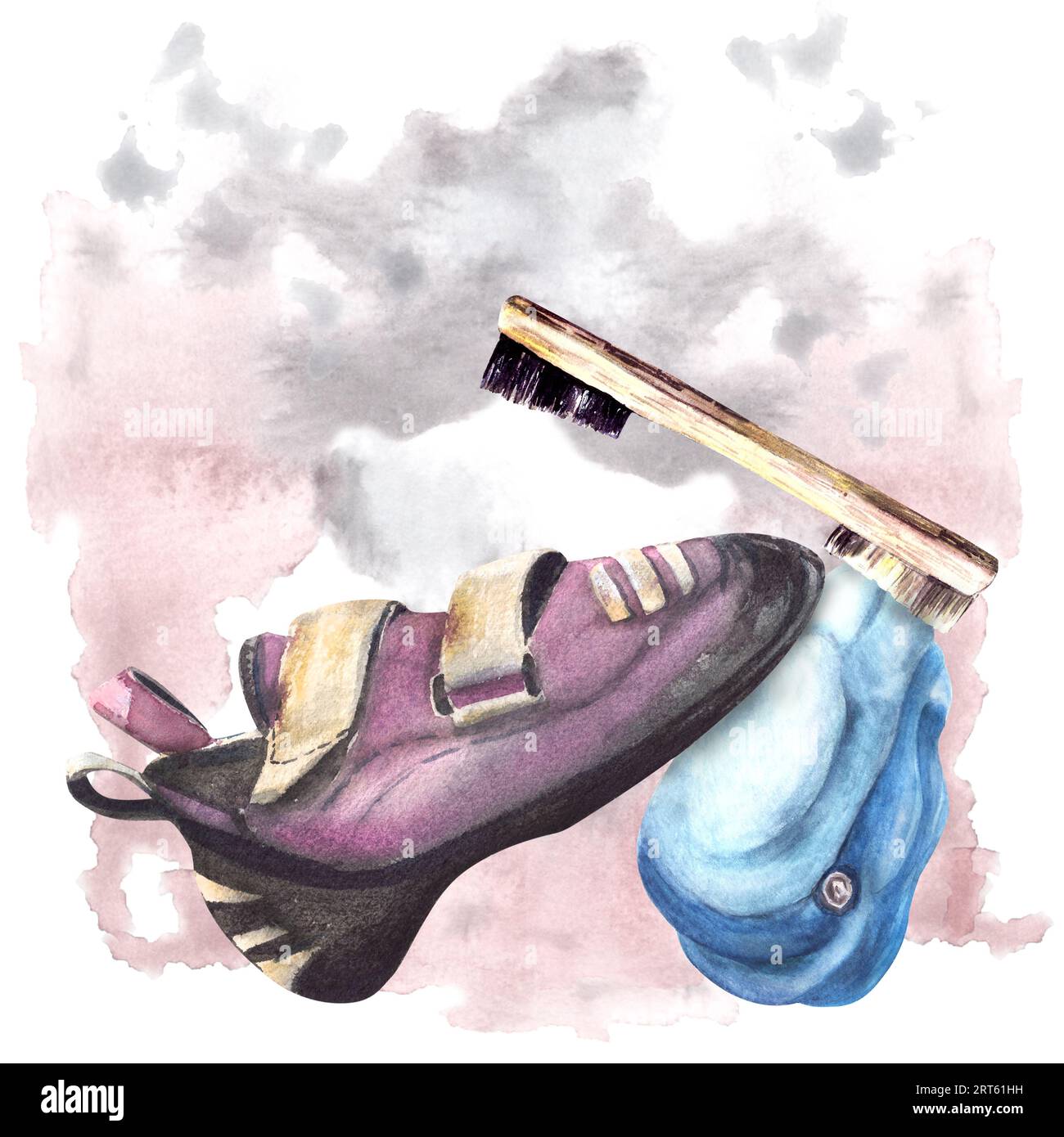 Climbing, bouldering equipment. Shoes, chalk brush, rock holder stone