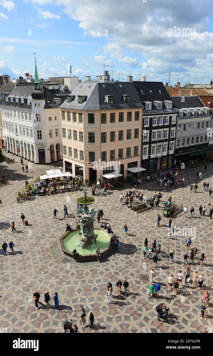 A view of he Stork fountain and Amagertorv pedestrian street from the balcony of the Original Coffee cafe in Copenhagen, Denmark. Stock Photo