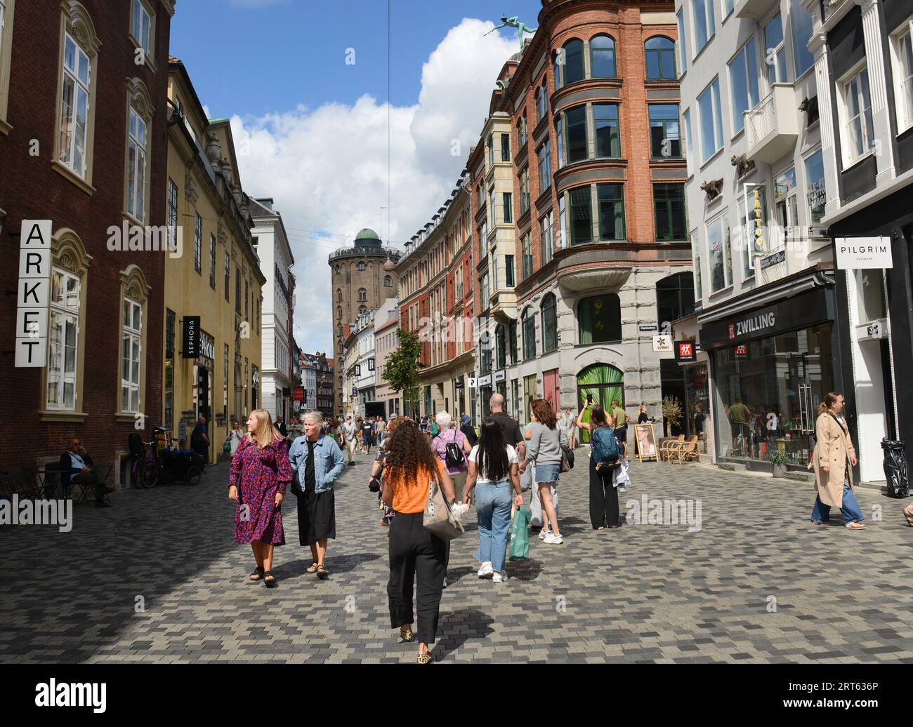 Købmagergade pedestrian street in Copenhagen, Denmark. Stock Photo
