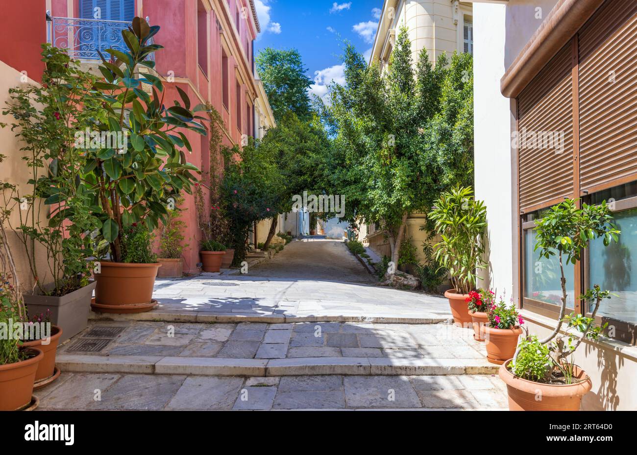 Greece, historic neighborhood of Plaka and Anafiotika in Athens with restaurants near Acropolis. Stock Photo