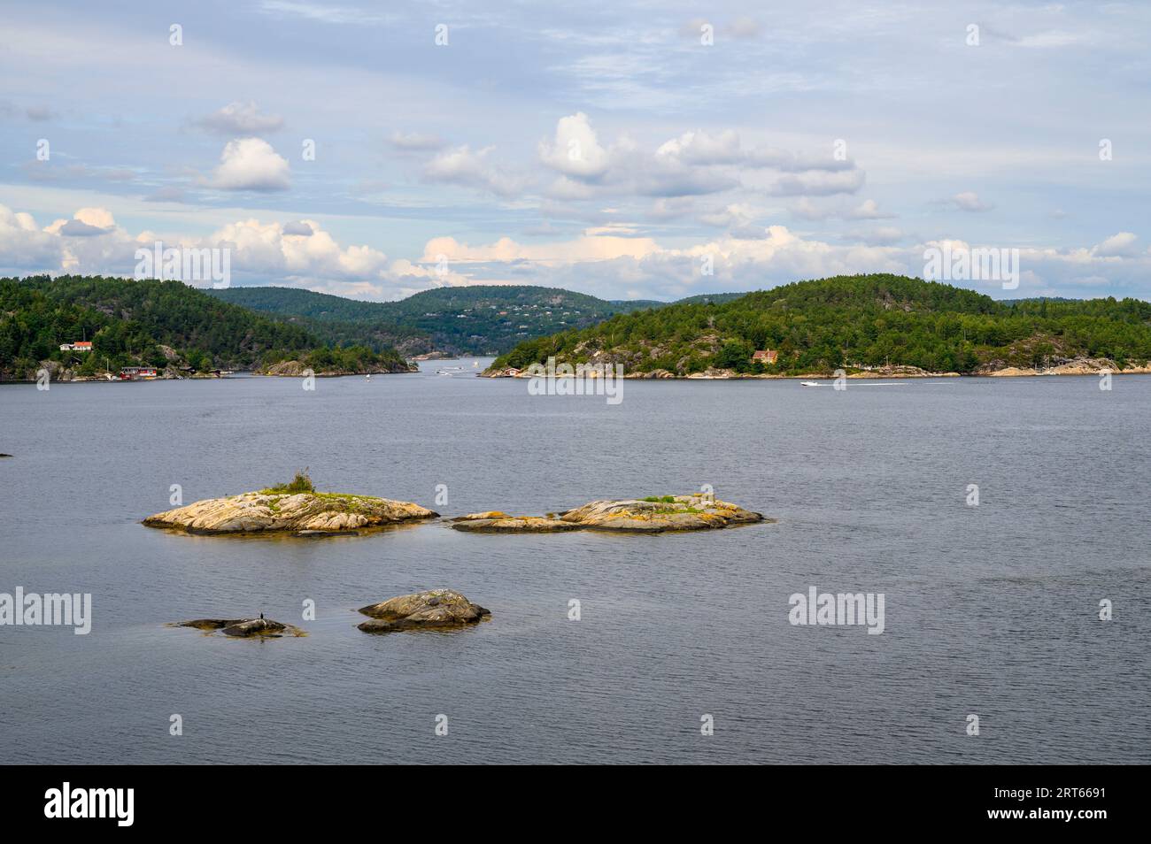 View from Buholmen island over the sea and skerries to Gumoy and Fluer islands in the Kragero archipelago, Telemark Norway. Stock Photo