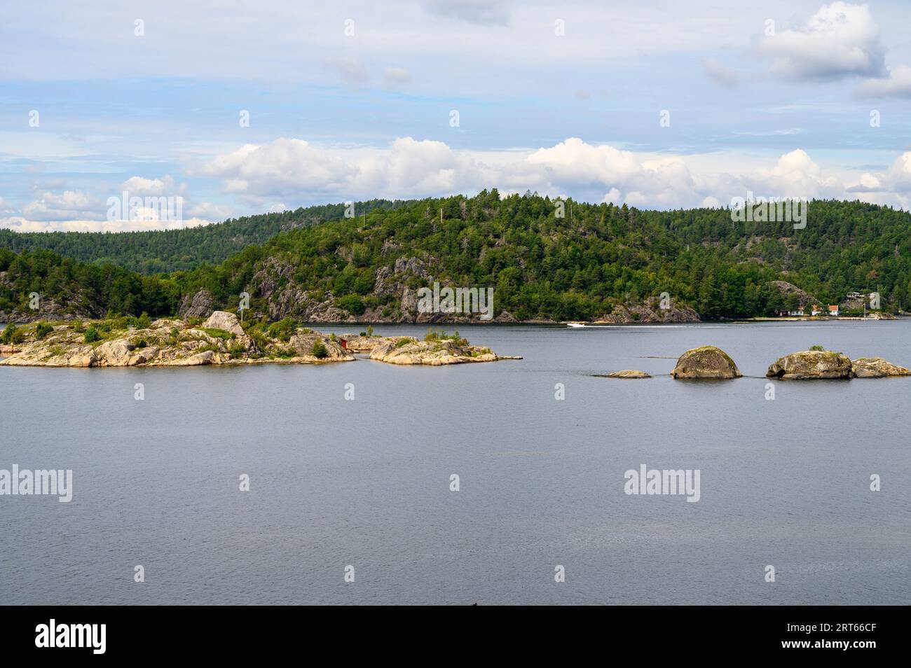 View from Buholmen island over the sea and skerries to Gumoy in the Kragero archipelago, Telemark Norway. Stock Photo