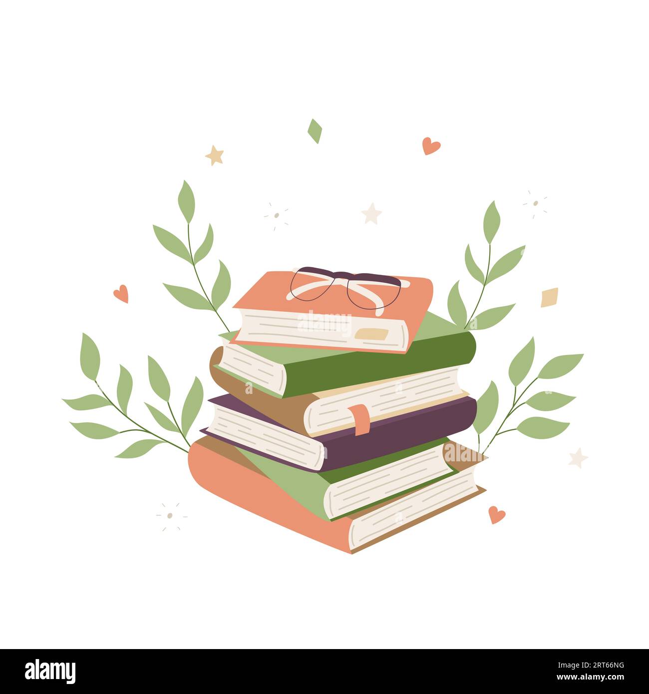 Stack of books with glasses, twigs, hearts. Heap of different paper hardcover books with bookmarks. Decorative element Color Flat cartoon vector illus Stock Vector