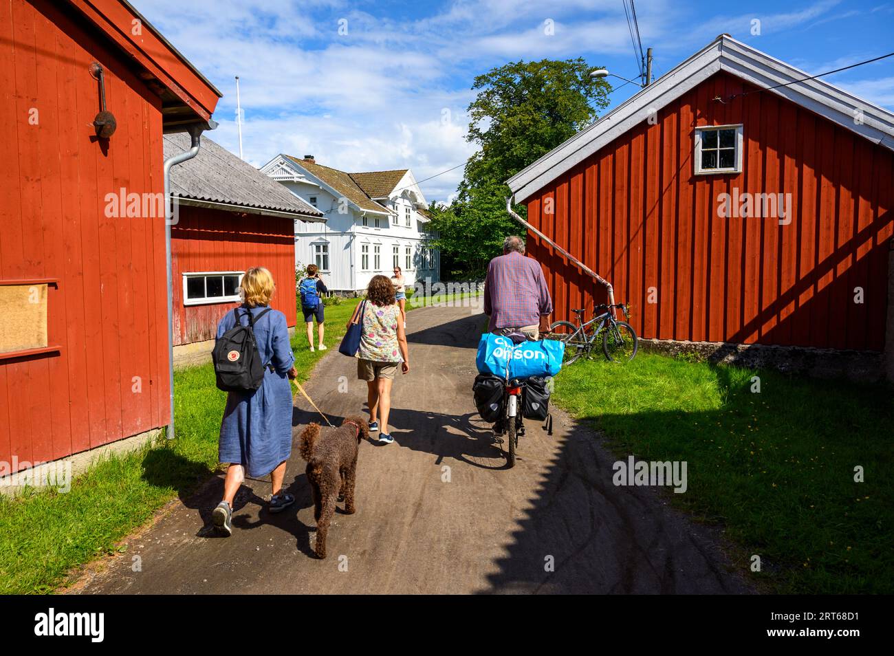 Holidaymakers walk and cycle on the track going through the main farm buildings on Jomfruland island a bright, sunny summer's day, Telemark, Norway. Stock Photo