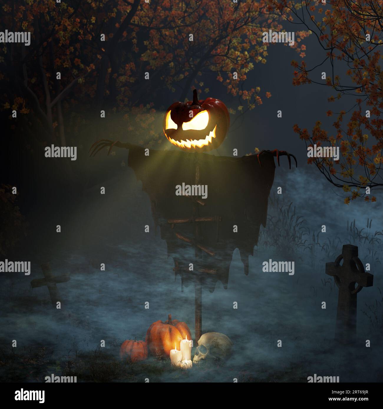 Halloween scarecrow with pumpkin head and glowing eyes in the cemetery at night. Pumpkins, candles and a skull. 3d render Stock Photo