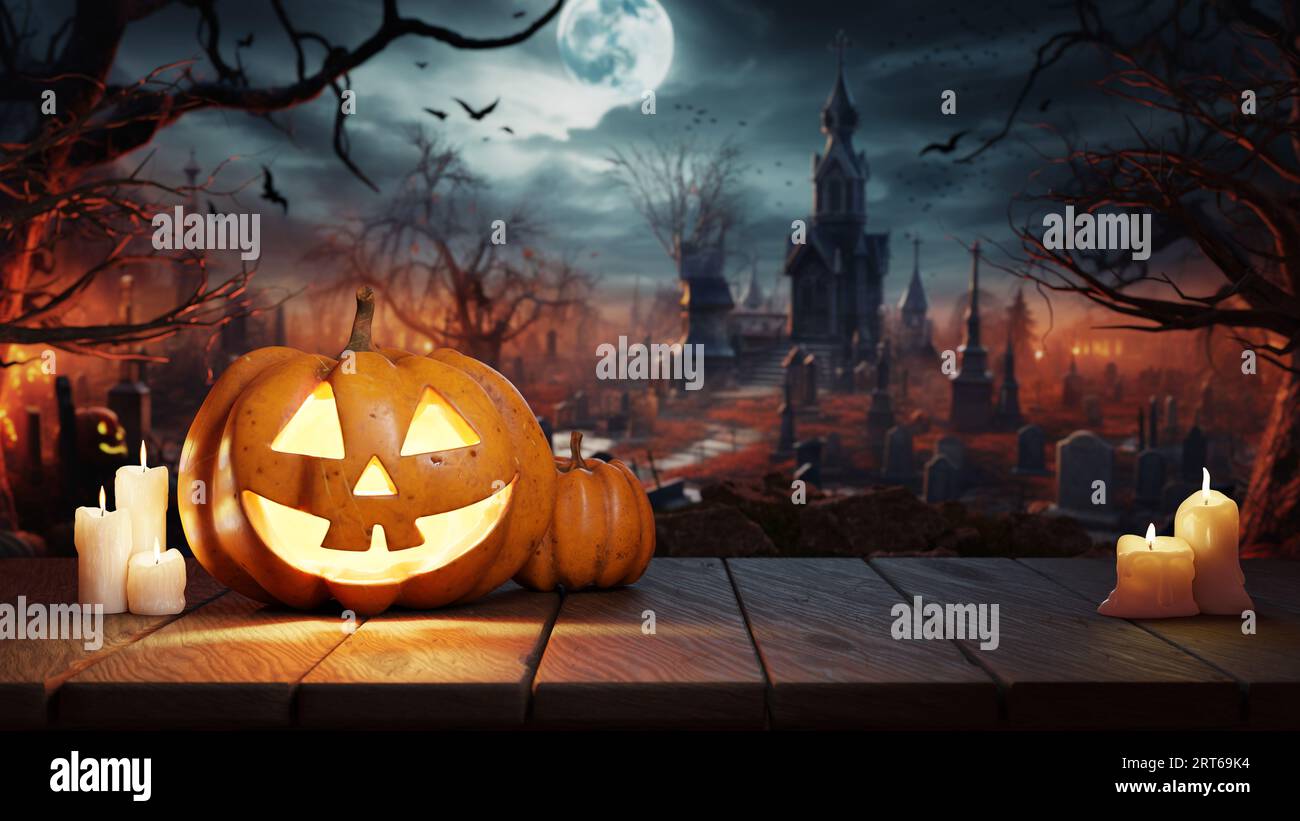 Halloween Pumpkin Jack O’ Lantern On Table In Spooky Graveyard At Night, Full Moon. Graves in the background. 3d render Stock Photo