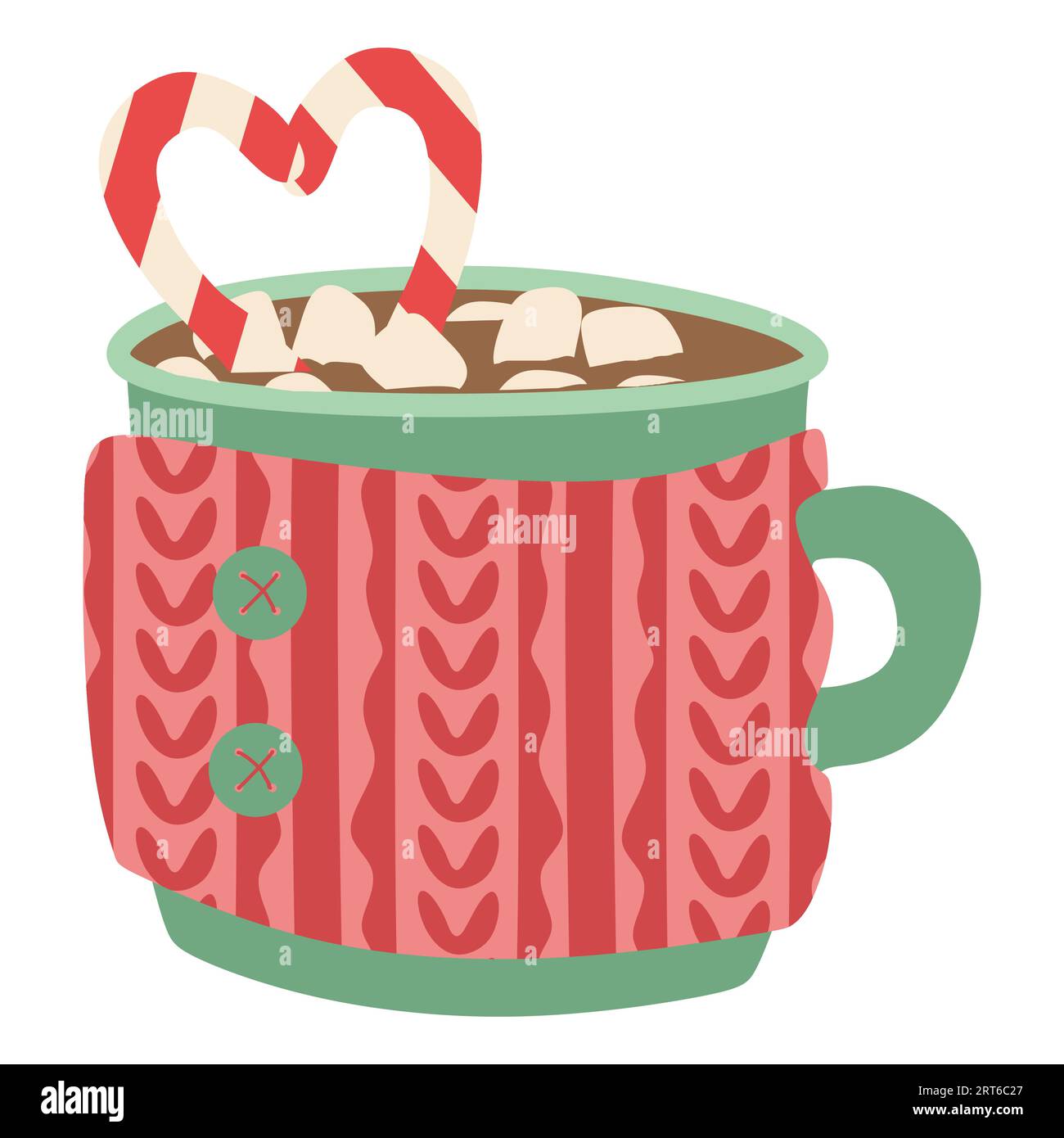 Winter Mug with Hot chocolate drink. Christmas Cup in knitted cosy holder. Cocoa with marshmallows, candy cane. Warming beverage, cacao. Flat vector i Stock Vector