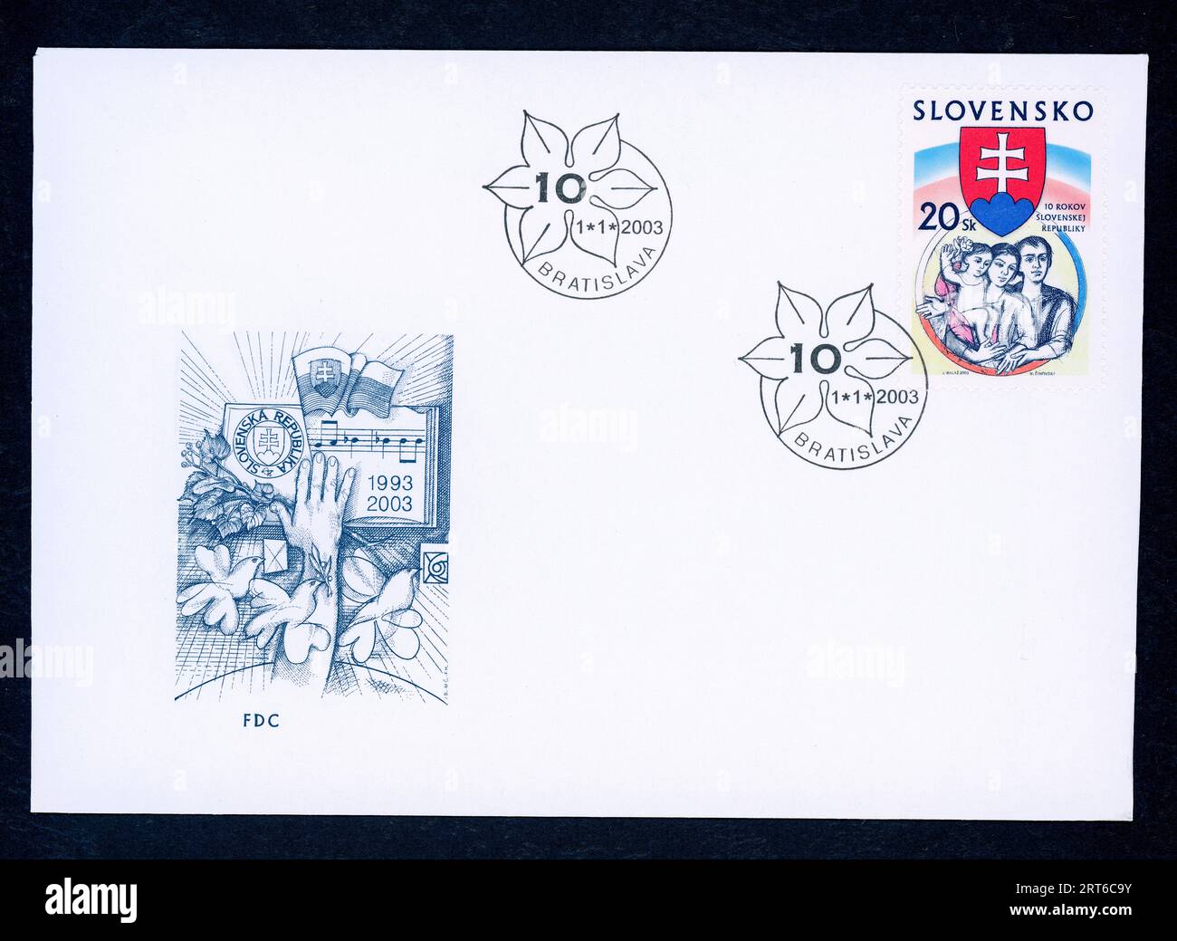 10th Anniversary of the Slovak Republic. First day of issue envelope and postage stamp issued in Slovakia in 2003. Stock Photo