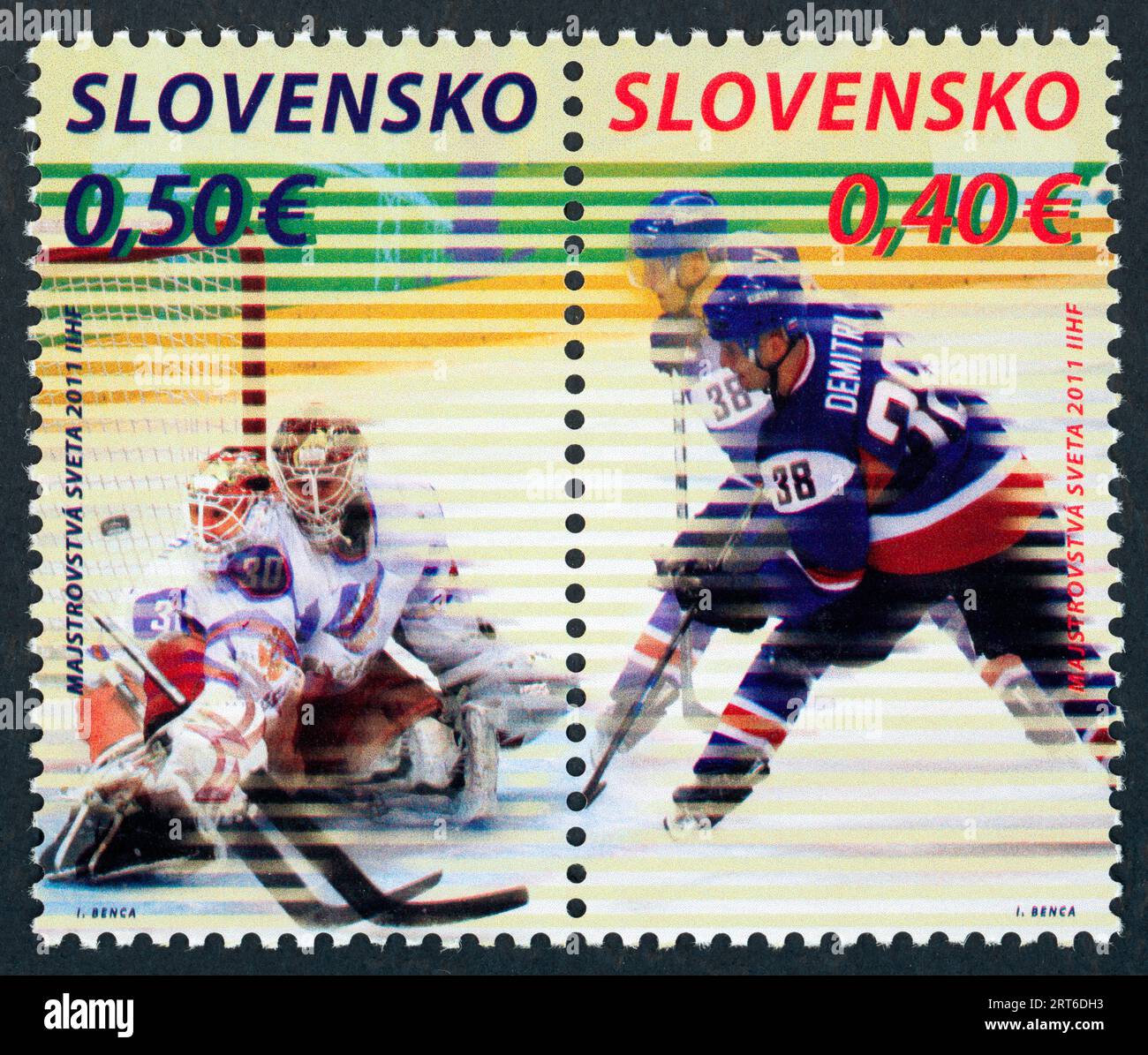 World Ice Hockey Championship 2011 held in Slovakia. Postage stamp issued in Slovakia in 2011. Stock Photo