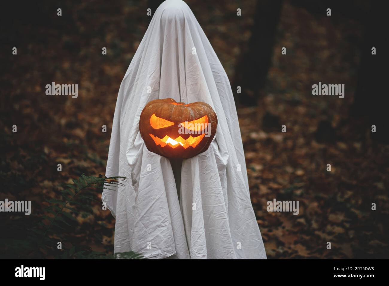 Spooky ghost holding glowing jack o lantern in moody dark autumn forest ...
