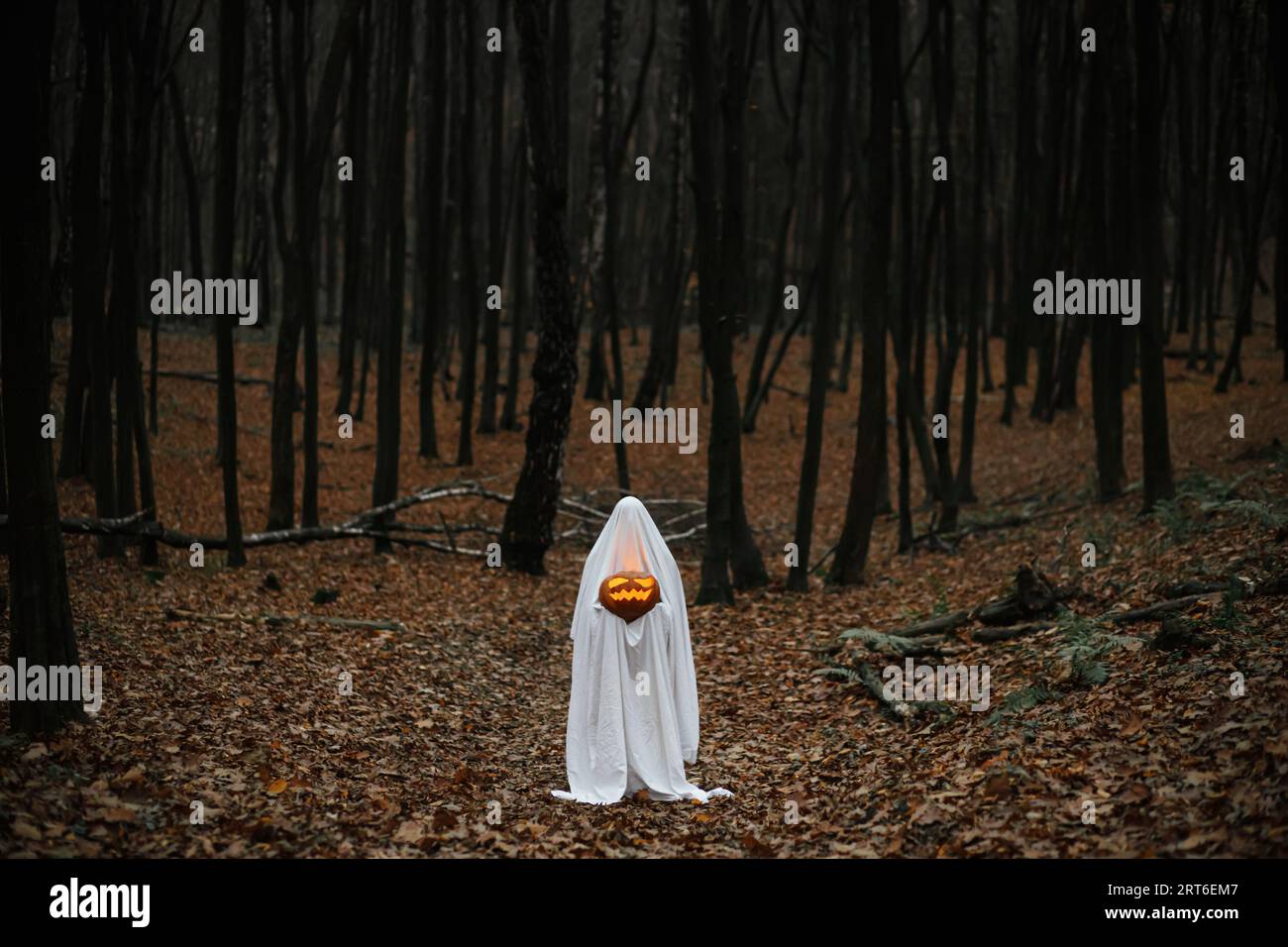 Happy Halloween! Spooky ghost holding glowing jack o lantern in moody ...