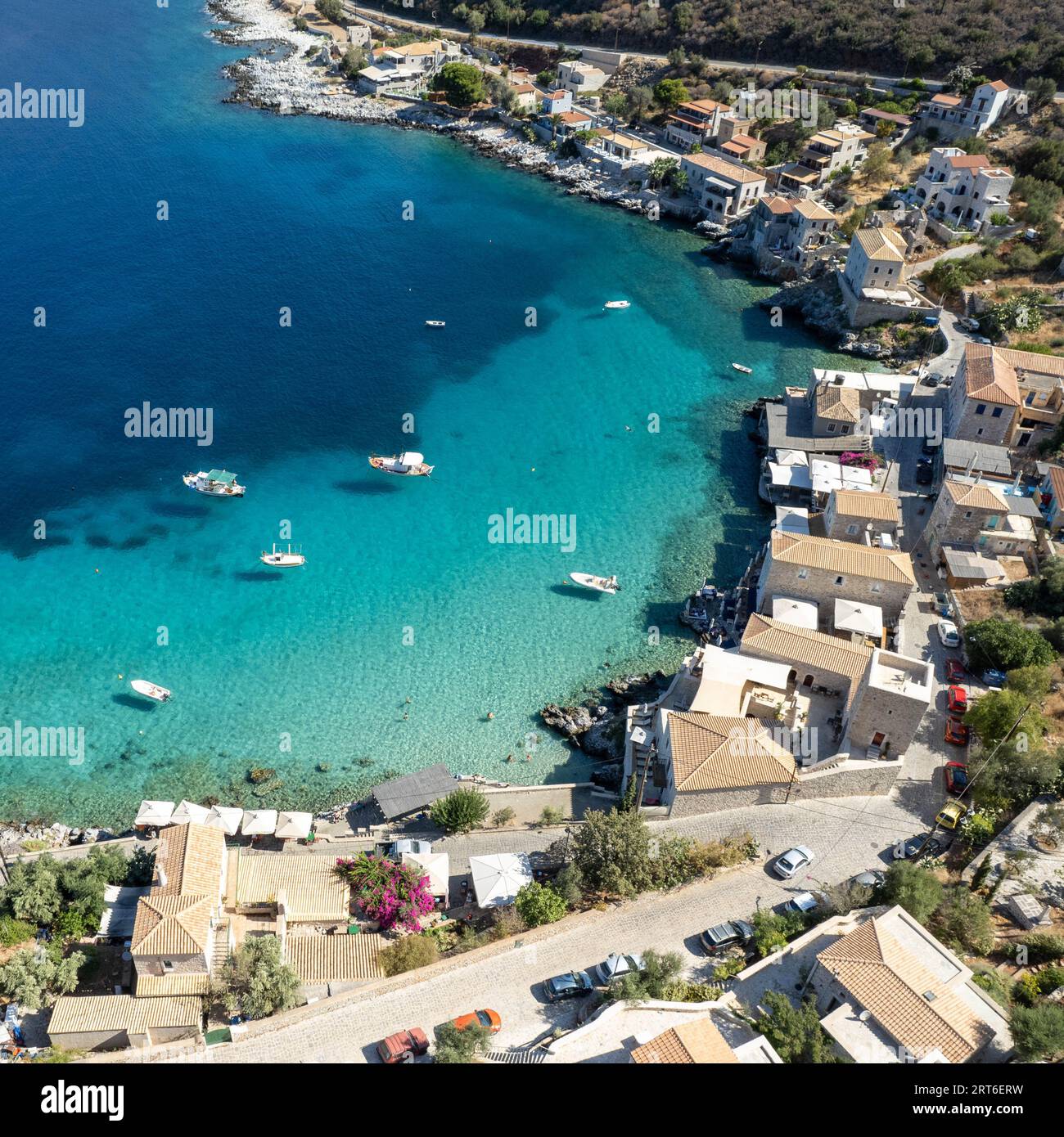 Droneshot of beauty village of Limeni in Mani, Peloponnese, Greece Stock Photo
