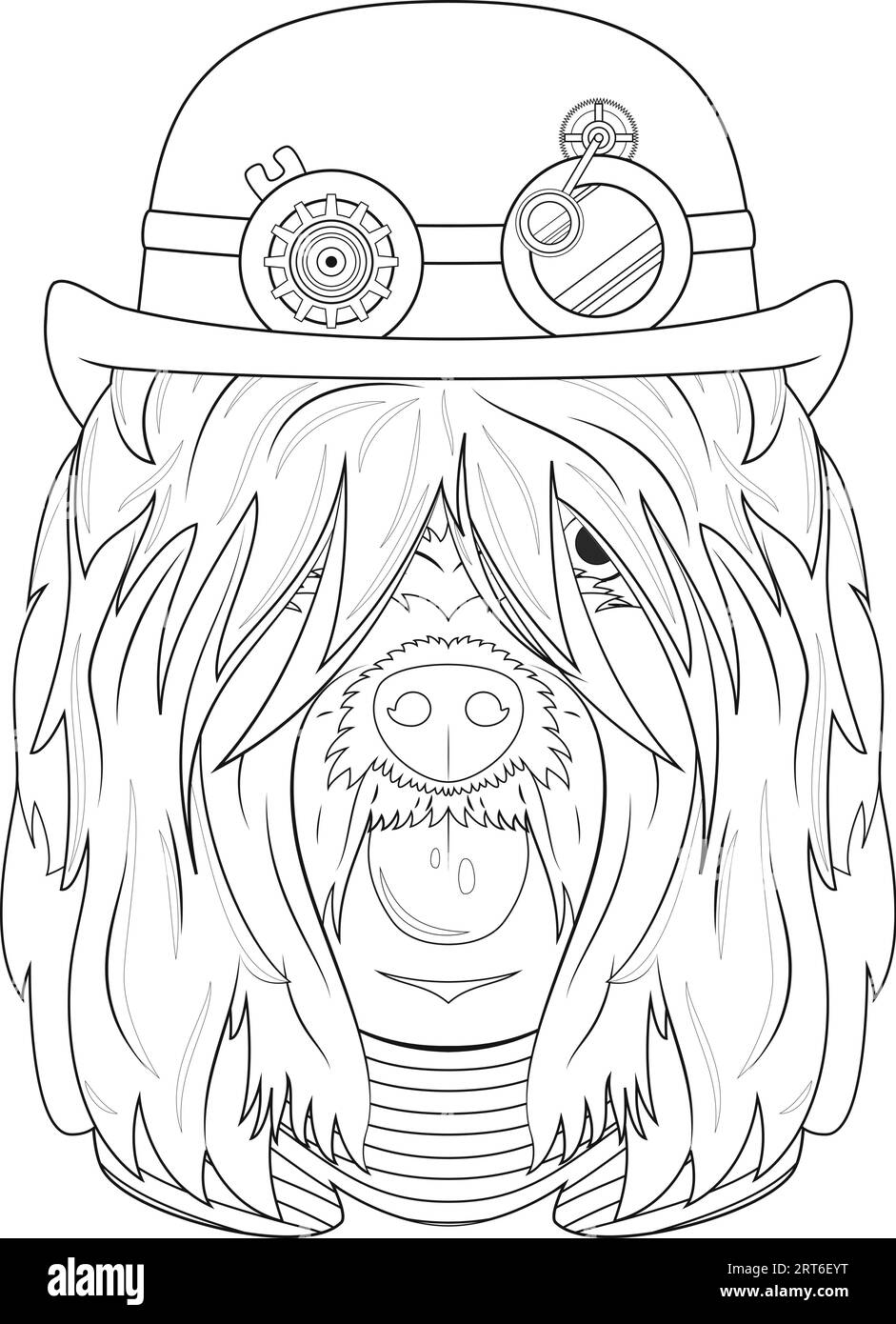 Halloween greeting card for coloring. Briard or Brie Shepherd dog with bowler hat and black and red striped t-shirt Stock Vector