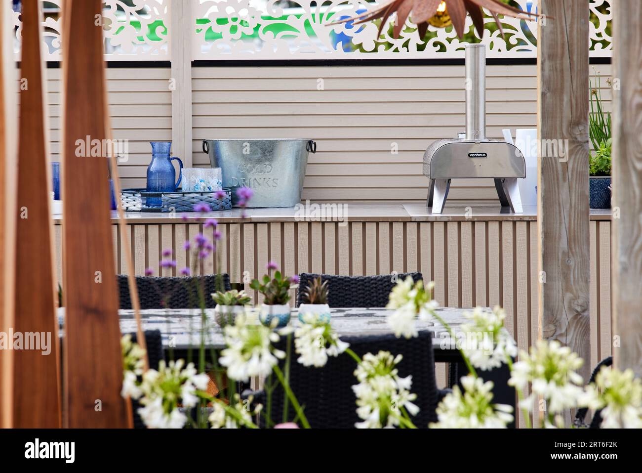 a garden kitchen at a flower show Stock Photo