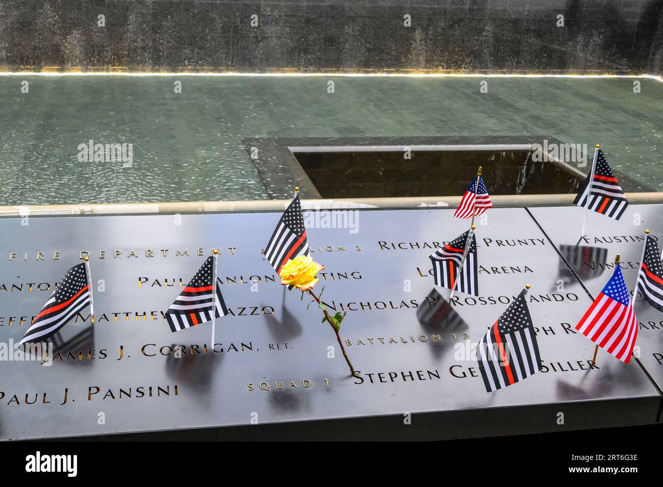 New York, USA. 11th Sep, 2023. Flowers are seen at the National September 11 Memorial in downtown Manhattan ahead of the 22th anniversary commemoration ceremonies of the September 11 terrorist attacks. Credit: Enrique Shore/Alamy Live News Stock Photo