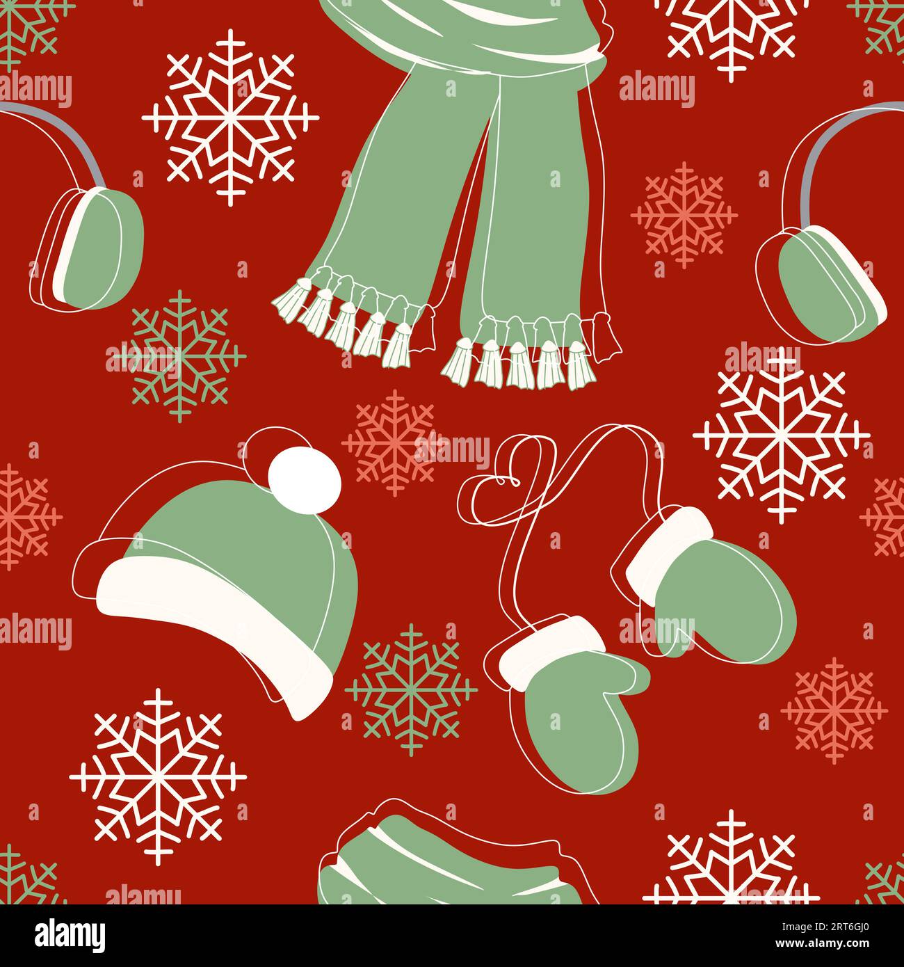 Seamless pattern with Winter clothes. Scarf, Hat, Mittens and Earmuffs on the background with snowflakes. Flat and Linear style. Vector Endless illust Stock Vector
