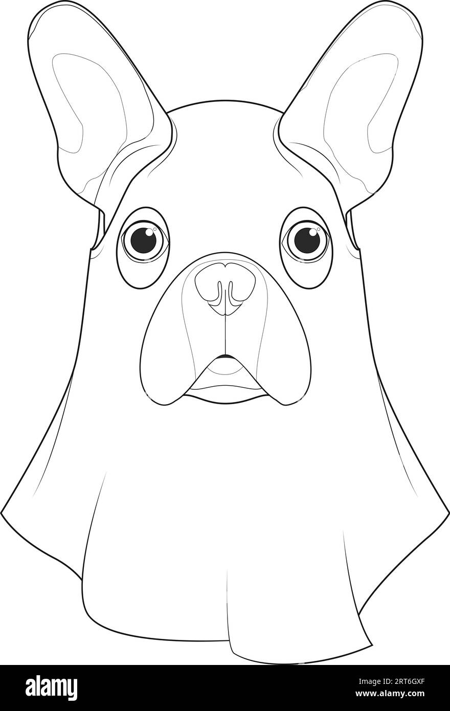 Halloween greeting card for coloring. French Bulldog dog dressed as a ghost Stock Vector