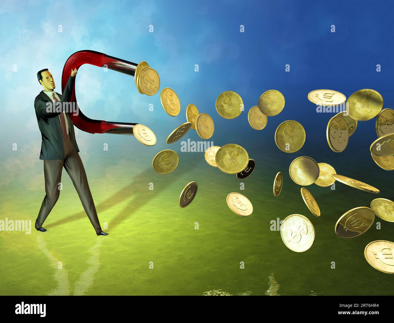 Businessman using a to attract coins. Digital illustration Stock