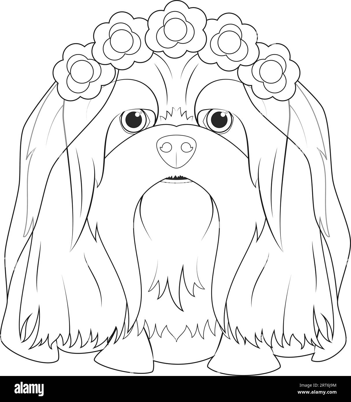 Halloween greeting card for coloring. Lhasa Apso dog dressed as a ghost with purple flowers on his head and a wedding veil Stock Vector