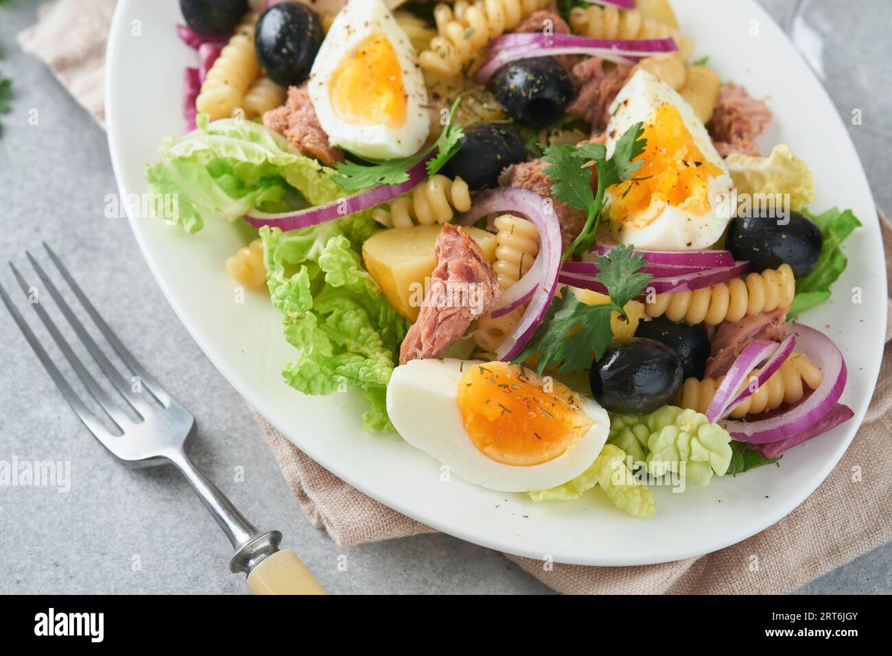Tuna salad with pasta, eggs, potatoes, olives, red onions and sauce in white plate on old light gray concrete table background. Nicoise salad. French Stock Photo