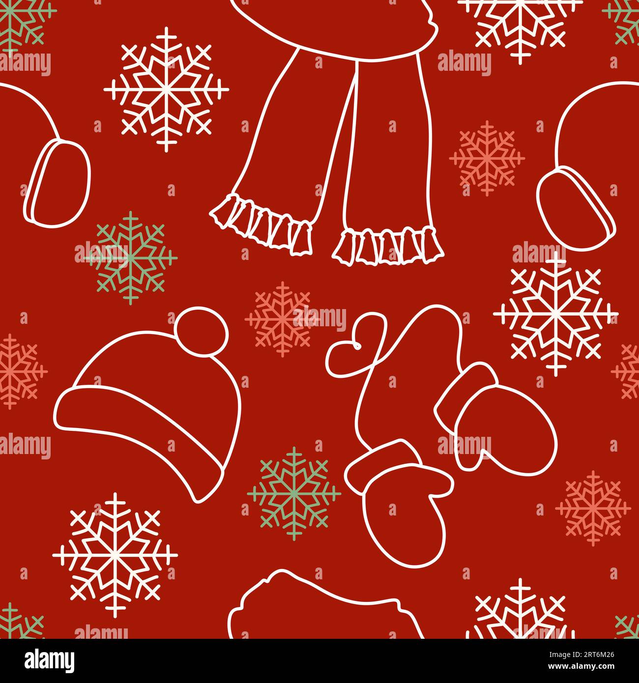 Seamless pattern with Winter clothes. Scarf, Hat, Mittens and Headphones on the background with snowflakes. Line art or Outline style. Vector Endless Stock Vector