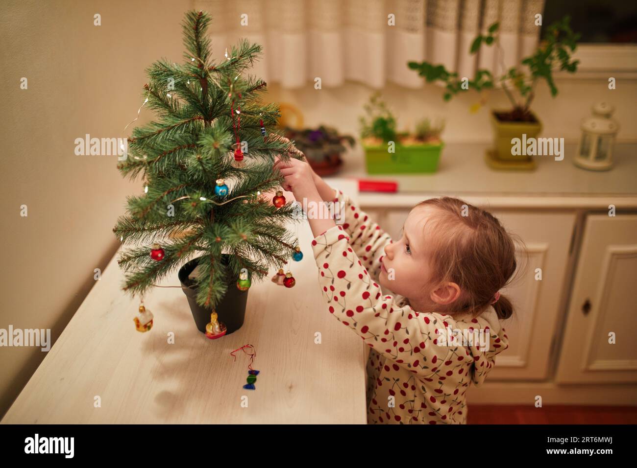 Dectrorting Little Tree Adorable little preschooler girl decorating miniature Christmas tree ...