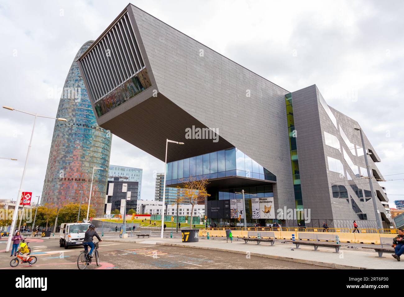 Barcelona, Spain - FEB 13, 2022: The Museu del Disseny de Barcelona, Barcelona Design Museum is a center for Institute of Culture, Placa de les Glorie Stock Photo