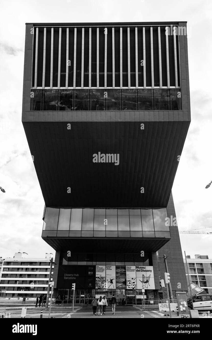 Barcelona, Spain - FEB 13, 2022: The Museu del Disseny de Barcelona, Barcelona Design Museum is a center for Institute of Culture, Placa de les Glorie Stock Photo